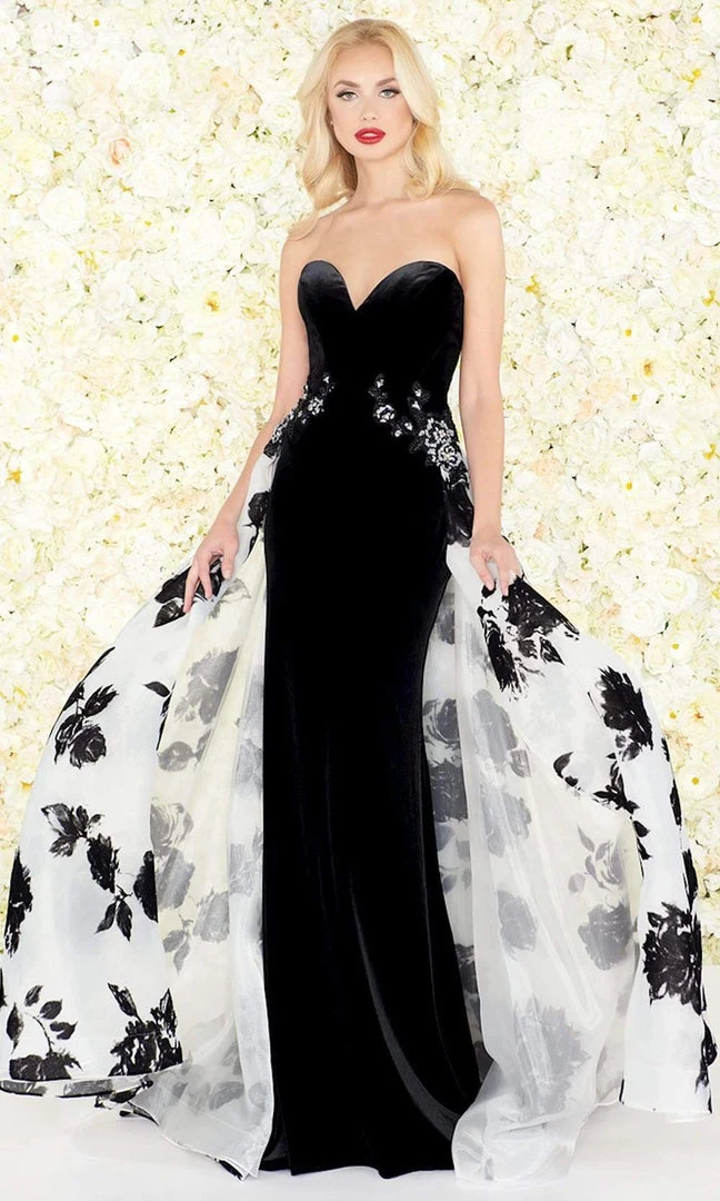 Mac Duggal Black White Red - 2097R Velvet Floral Beaded Overskirt Gown Formal Gowns 3 Mac Duggal Black White Red - 2097R Velvet Floral Beaded Overskirt Gown Formal Gowns