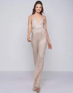 Mac Duggal Black White Red - 4742R Shimmery Plunging V-neck Jumpsuit Prom Dresses