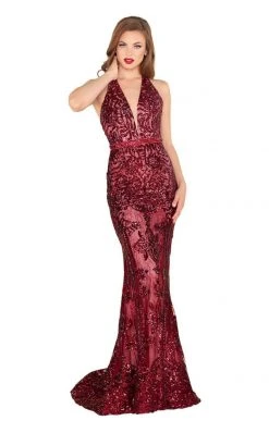 Formal Gowns Mac Duggal Black White Red - 48821R Sequined Plunging V-Neck Gown