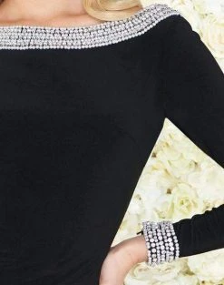 Mac Duggal Black White Red - 66916R Bejeweled Bateau Jersey Dress Formal Gowns