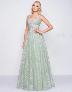 Mac Duggal Couture - 20109D Sequined Plunging V-neck A-line Dress Formal Gowns