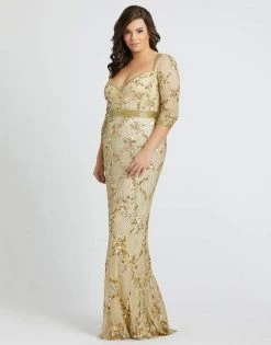 Mac Duggal Fabulouss - 4851F Gold Sequined V-Neck Trumpet Gown