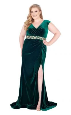 Mac Duggal Fabulouss - 66794F Ruched V-Neck Cap Sleeves Gown With Slit Formal Gowns