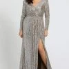 Formal Gowns Mac Duggal Fabulouss - 77676F Sequined Long Sleeves Slit Gown