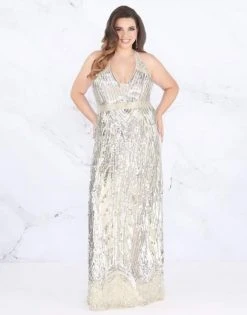 Mac Duggal Fabulouss - Embellished Deep Halter V-neck Dress 4846F - 1 Pc Silver/Nude In Size 16W Available Formal Gowns