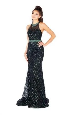Formal Gowns Mac Duggal Flash - 66835L Bedazzled Halter Trumpet Dress With Train