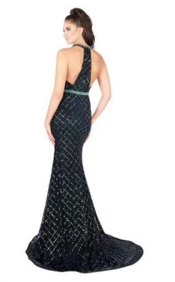 Formal Gowns Mac Duggal Flash - 66835L Bedazzled Halter Trumpet Dress With Train