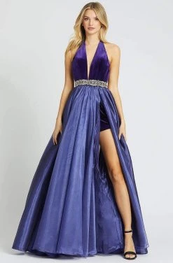 Formal Gowns Mac Duggal Prom - 12307M Bejeweled Halter V-neck Romper With Overskirt