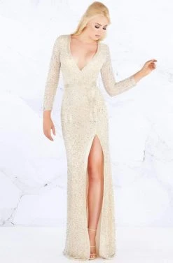 Formal Gowns Mac Duggal Prom - 4900M Beaded Plunging Neck High Slit Evening Gown