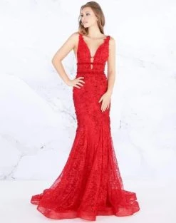 Formal Gowns Mac Duggal Prom - 66707M Lace Deep V-neck Mermaid Dress With Train