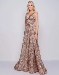 Formal Gowns Mac Duggal Prom - 79233M Metallic Sequined Plunging A-Line Gown