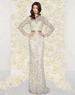 Mac Duggal - Sequined Mesh Lace Gown 4316D - 1 Pc Platinum/Gold In Size 10 Available