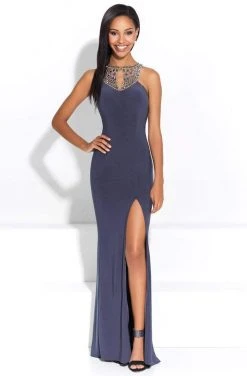Madison James - 17-267 Long Jersey Dress With Beaded Neckline - 1 Pc Gunmetal In Size 2 And 1 Pc Gunmetal In Size 4 Available Formal Gowns