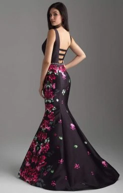 Madison James - 18-601 Plunging Ladder Back Floral Mermaid Gown