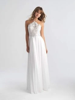 Madison James - 18-653 Floral Appliqued Halter Evening Dress