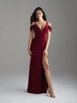 Madison James - 18-656 Beaded Cold Shoulder Slit Dress