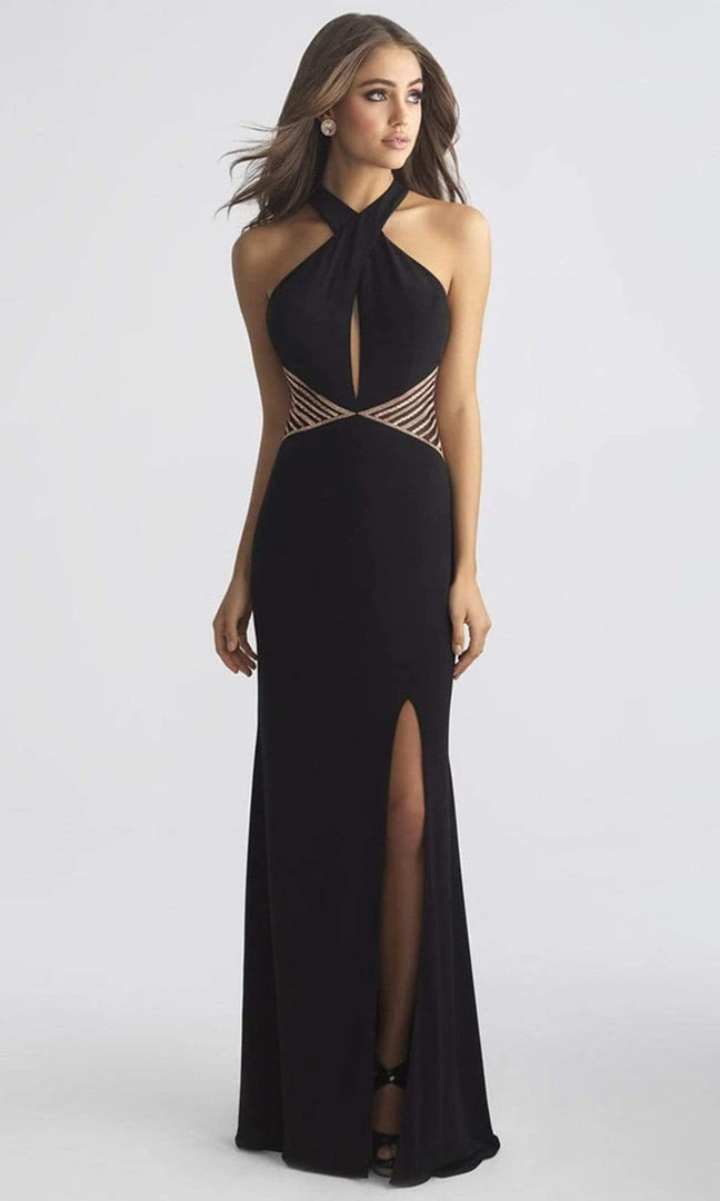 Madison James - 18-661 Fitted Halter Neck Keyhole Cutout Evening Dress - 1 Pc Wine In Size 00 Available 5 Madison James - 18-661 Fitted Halter Neck Keyhole Cutout Evening Dress - 1 Pc Wine In Size 00 Available