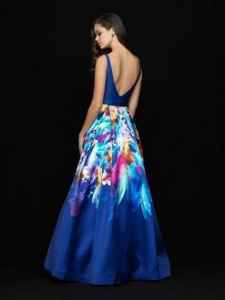 Formal Gowns Madison James - 18-693 Deep V-neck Multi-Printed A-line Gown