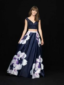 Madison James - 18-700 Two Piece Lace V-neck Floral Print Ballgown
