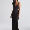 Madison James - 18-723 Deep V-neck Stretch Satin Sheath Dress