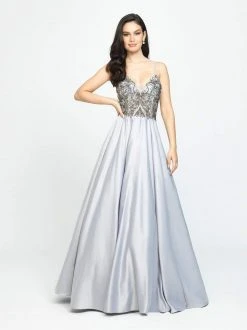 Madison James - 19-133 Beaded Deep V-neck Satin A-line Dress 8 Madison James - 19-133 Beaded Deep V-neck Satin A-line Dress