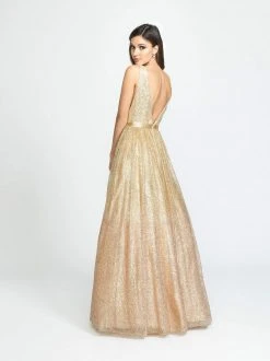 Madison James - 19-136 Glitter Tulle Deep V-neck A-line Dress Formal Gowns