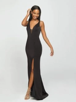 Formal Gowns Madison James - 19-139 Stretch Satin Deep V-neck Trumpet Dress