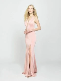 Formal Gowns Madison James - 19-139 Stretch Satin Deep V-neck Trumpet Dress