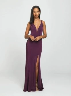 Formal Gowns Madison James - 19-139 Stretch Satin Deep V-neck Trumpet Dress