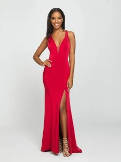 Formal Gowns Madison James - 19-139 Stretch Satin Deep V-neck Trumpet Dress