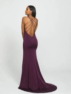 Formal Gowns Madison James - 19-139 Stretch Satin Deep V-neck Trumpet Dress