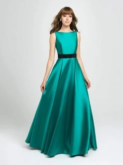 Madison James - 19-145 Embellished Bateau Mikado Pleated A-line Dress