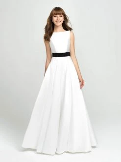 Madison James - 19-145 Embellished Bateau Mikado Pleated A-line Dress