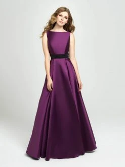 Madison James - 19-145 Embellished Bateau Mikado Pleated A-line Dress