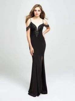 Formal Gowns Madison James - 19-146 Strappy Plunging Off-Shoulder Fringed Gown