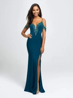 Formal Gowns Madison James - 19-146 Strappy Plunging Off-Shoulder Fringed Gown