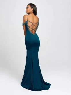 Formal Gowns Madison James - 19-146 Strappy Plunging Off-Shoulder Fringed Gown