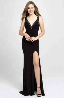 Madison James - 19-150 Beaded Plunging V-Neck High Slit Gown Formal Gowns