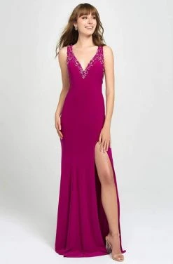 Madison James - 19-150 Beaded Plunging V-Neck High Slit Gown Formal Gowns