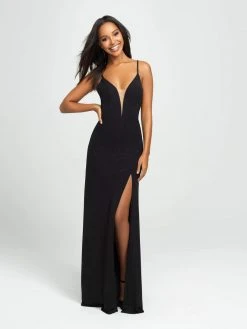Madison James - 19-154 Glitter Jersey Deep V-neck Sheath Dress Formal Gowns