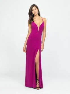 Madison James - 19-154 Glitter Jersey Deep V-neck Sheath Dress Formal Gowns