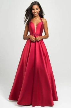 Madison James - 19-171 Bejeweled Halter Satin A-Line Gown