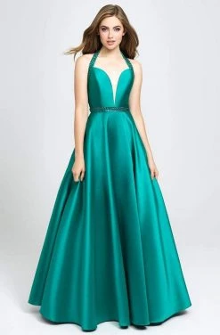 Madison James - 19-171 Bejeweled Halter Satin A-Line Gown