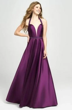 Madison James - 19-171 Bejeweled Halter Satin A-Line Gown