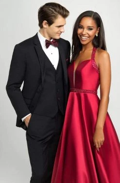 Madison James - 19-171 Bejeweled Halter Satin A-Line Gown