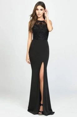 Madison James - 19-177 Embroidered Halter Stretch Satin Trumpet Dress