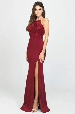 Madison James - 19-177 Embroidered Halter Stretch Satin Trumpet Dress