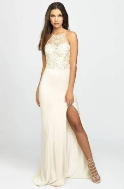 Madison James - 19-177 Embroidered Halter Stretch Satin Trumpet Dress