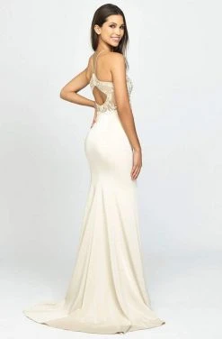 Madison James - 19-177 Embroidered Halter Stretch Satin Trumpet Dress