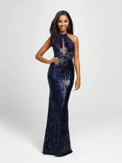 Madison James - 19-179 Sequined Halter Trumpet Dress Formal Gowns